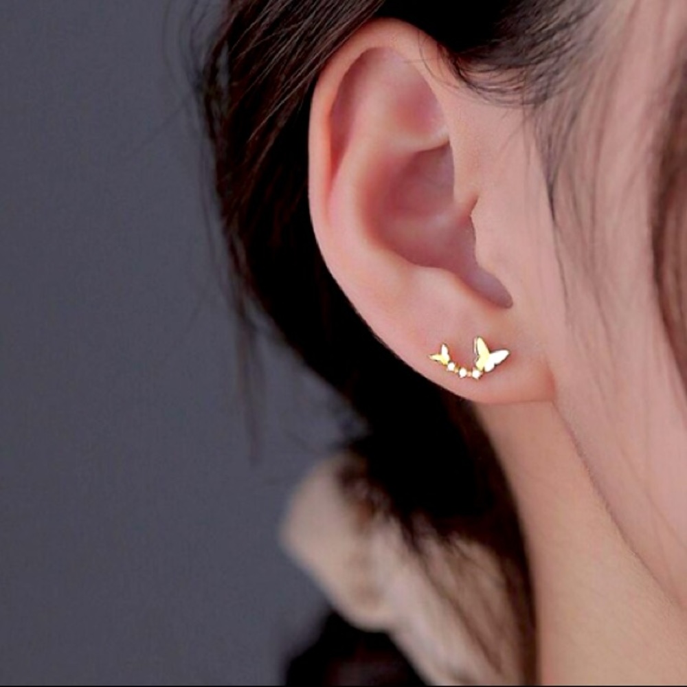 14K GOLD Ultra Delicate Dainty Butterflies Ear Climber Zirco MicroStud E… - Picture 3 of 16